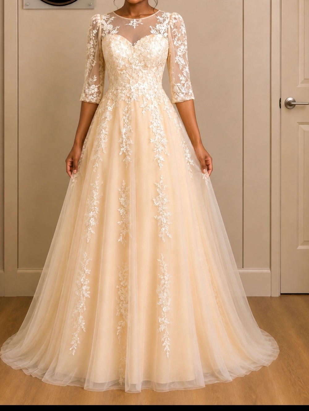 Creamy Lace Tulle Gown with Floral Appliqué